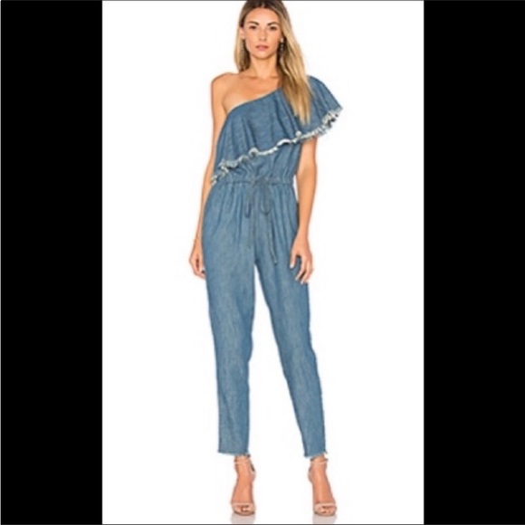 Blank NYC Pants - Blank NYC One Shoulder Making Waves Fringed Denim Jumpsuit SzS Keyhole Cutout